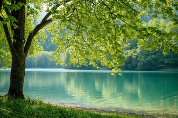 Wall Mural - Peaceful Lake Shore with Tree Reflection