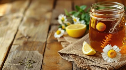 Wall Mural - Soothing chamomile tea with honey and lemon on a brown table