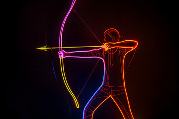 Wall Mural - Neon silhouette of a person practicing target shooting with a bow and arrow isotated on black background.