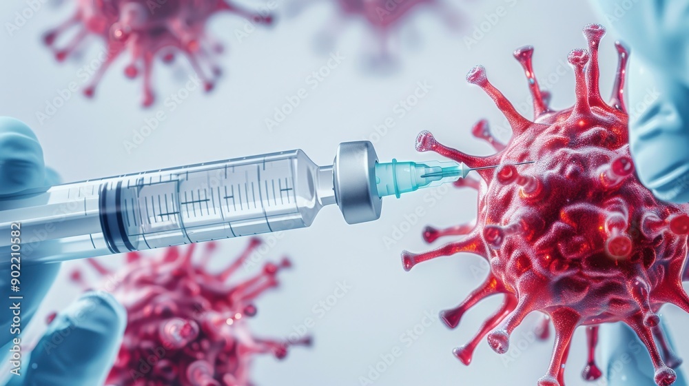 Syringe injecting vaccine into a virus, symbolizing medical research ...