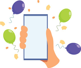 Poster - hand is holding a smartphone with colorful balloons and confetti in the background, celebrating a sp