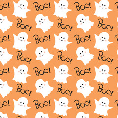  Seamless pattern with cute ghosts. Festive background for Halloween. Repeating print for fabric, wrapping paper, textile. isolated on orange background.
