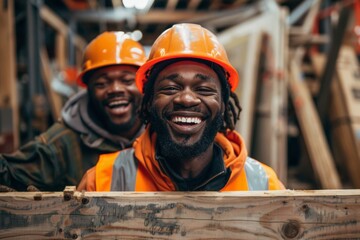 the image shows two individuals both wearing hard hats and high-visibility clothing suggesting 