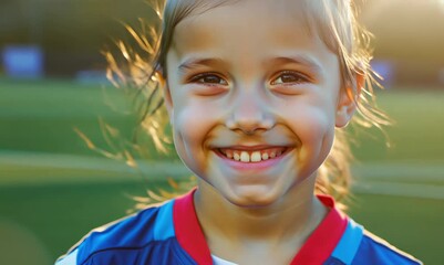 Sticker - Portrait of a smiling little girl on the football field in the evening