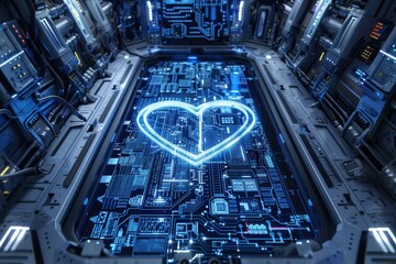 Poster - Heart shaped digital hologram in a futuristic lab setting symbolizing love and advanced technology