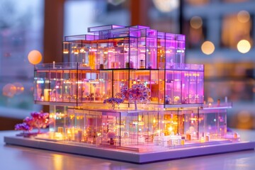 Wall Mural - Transparent neon house model with a vibrant interior on display