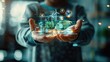 © busro - Close-up of a child's hands each with five perfectly formed fingers, engaged with a 3D hologram depicting trees, wind turbines, and recycling symbols. The background is subtly blurred to bring