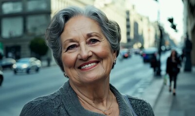 Wall Mural - Portrait of a happy senior woman on the street in Europe.