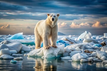 a majestic polar bear stands lonely on a dwindling iceberg, surrounded by a sea of plastic waste, hi