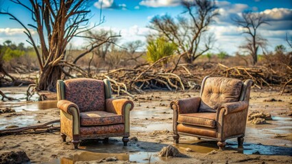 Two worn armchairs sit solitary in a desolate, post-flood landscape, surrounded by mud-caked foliage and twisted branches, against a soft, blurred background of devastation.