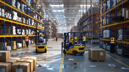 Workers using forklifts to move boxes in a large warehouse.