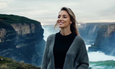 Wall Mural - Full-length portrait video of a grinning woman in her 30s wearing a chic cardigan against a windswept or dramatic landscape background