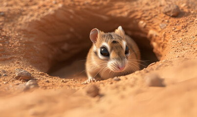 Sticker - Close up of a cute desert rodent peeking out of its burrow.