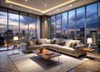 © Caitlin - Sleek modern living room with floor-to-ceiling windows offering breathtaking panoramic night view of city lights, sleek sofa, and elegant decor in neutral tones.