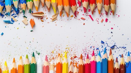 Canvas Print - Colorful pencils and shavings on white background with empty space