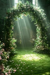 Poster - A garden-themed stage with a flower arch and lush greenery, illuminated by soft, natural spotlights. The stage floor is covered in grass