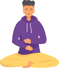 Young man is practicing a breathing exercise while sitting in a lotus position, promoting mindfulness and relaxation