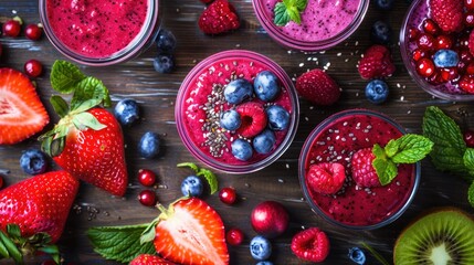Poster - Overhead view of vibrant berry and chia seed smoothies in jars, garnished with fresh fruit on wooden table