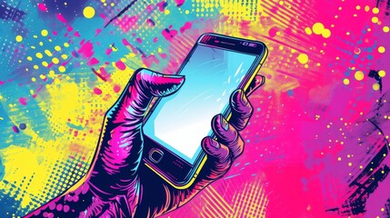 Aufkleber - Hand holding smartphone in vibrant graffiti style art, digital illustration
