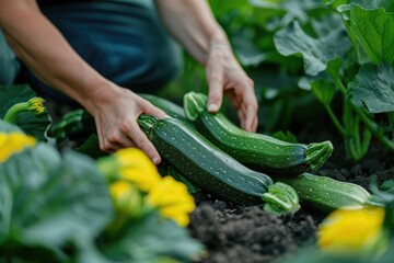 Gardener Harvesting Fresh Green Zucchinis in a Lush Vegetable Garden