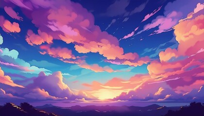 Wall Mural - ai generative of anime abstract colorful of cloud and sky on twilight sunset silhouette