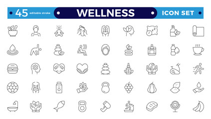 Set of outline icons related to wellness, well-bein, mental health, healthcare, cosmetics, spa, medical, massage, yoga, spa, relaxation,  exercise, diet,. Outline icon collection. Wellness icon set. 
