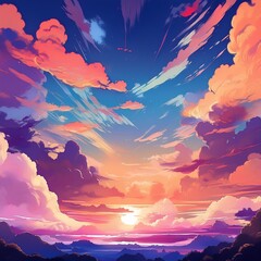 Wall Mural - ai generative of anime abstract colorful of cloud and sky on twilight sunset silhouette