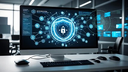 Computer screen displaying advanced cybersecurity interface in a modern office setting. Seamless looping 4k time-lapse virtual video background

