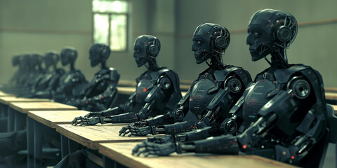 Poster - Group of robots students sitting at desk in classroom