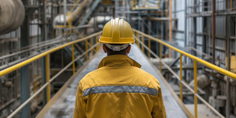 Poster - Industrial engineer walking in a factory wearing hard hat and safety vest