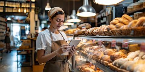 Saleswoman using digital tablet while standing in front of display counter at the bakery