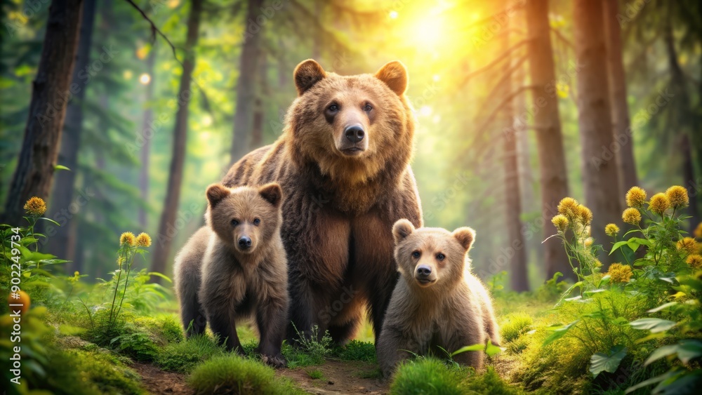 Adorable brown bear mother and cubs roam freely in a sun-dappled forest ...