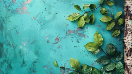 Wall Mural - Green leaves tree bark and blusher on turquoise backdrop with text space