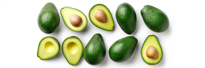 Poster - Fresh ripe avocados showing seed and flesh on white background