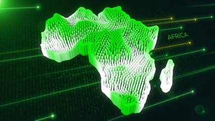 Wall Mural - Digital 3D Perspective Dynamic Rippling Map of Africa in Green and White, Set Against Dark Futuristic Background with Binary Code and Neon Lines