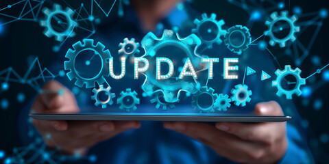 Poster - Businessman holding tablet showing update system concept
