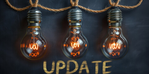 Aufkleber - Three light bulbs hanging on a string lighting up the word update
