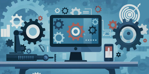 Poster - Modern workplace of engineer or architect designing with computer and smartphone