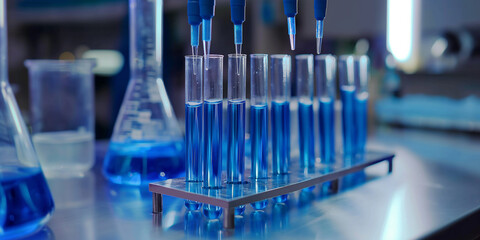Poster - Laboratory equipment dispensing blue liquid into test tubes