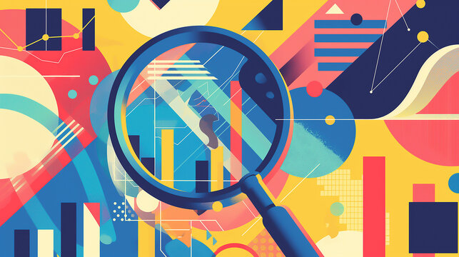 A typography-focused design featuring motivational financial phrases and keywords, creatively arranged around an abstract outline of a magnifying glass and graphs.