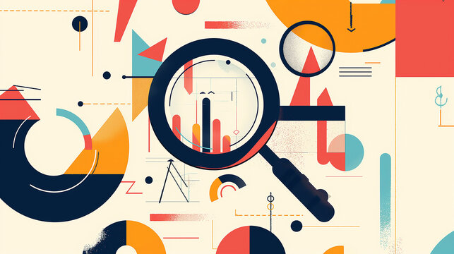 A typography-focused design featuring motivational financial phrases and keywords, creatively arranged around an abstract outline of a magnifying glass and graphs.