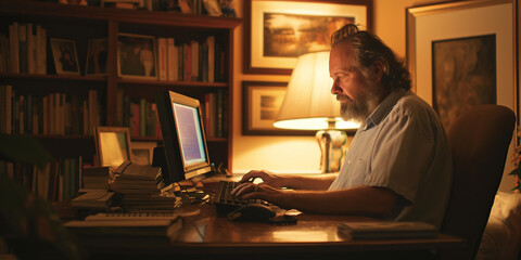Poster - Focused mature professional man working late at night in home office writing on computer