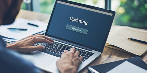 Poster - Businessman updating software on laptop computer