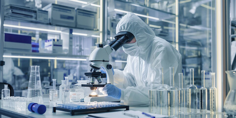 Aufkleber - Medical scientist in protective suit working with microscope, doing research in modern laboratory