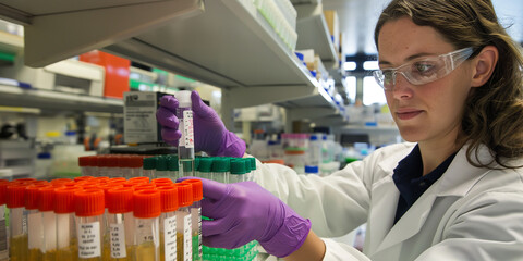 Aufkleber - Female scientist analyzing test tubes in a laboratory