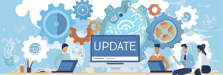 Poster - Software developers team working on update with computer and gears