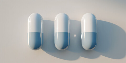 Aufkleber - Three blue and white pills casting shadow on white background