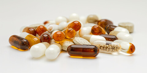 Poster - Close up of assorted pharmaceutical pills lying on white table