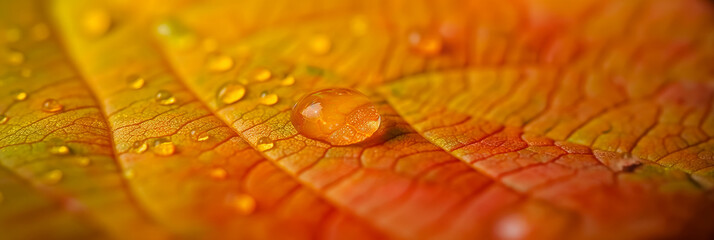 Aufkleber - Water droplets resting on vibrant autumn leaf texture