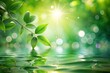 © Autun - Vibrant blurred nature abstract bokeh background featuring soft focus green foliage, gentle water droplets, and warm light, evoking a sense of serenity and environmental harmony.